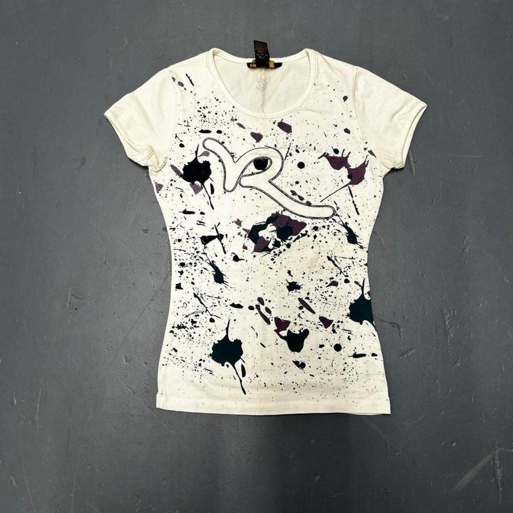 women's Y2K Rocawear paint splatter all over print white babydI'll tshirt